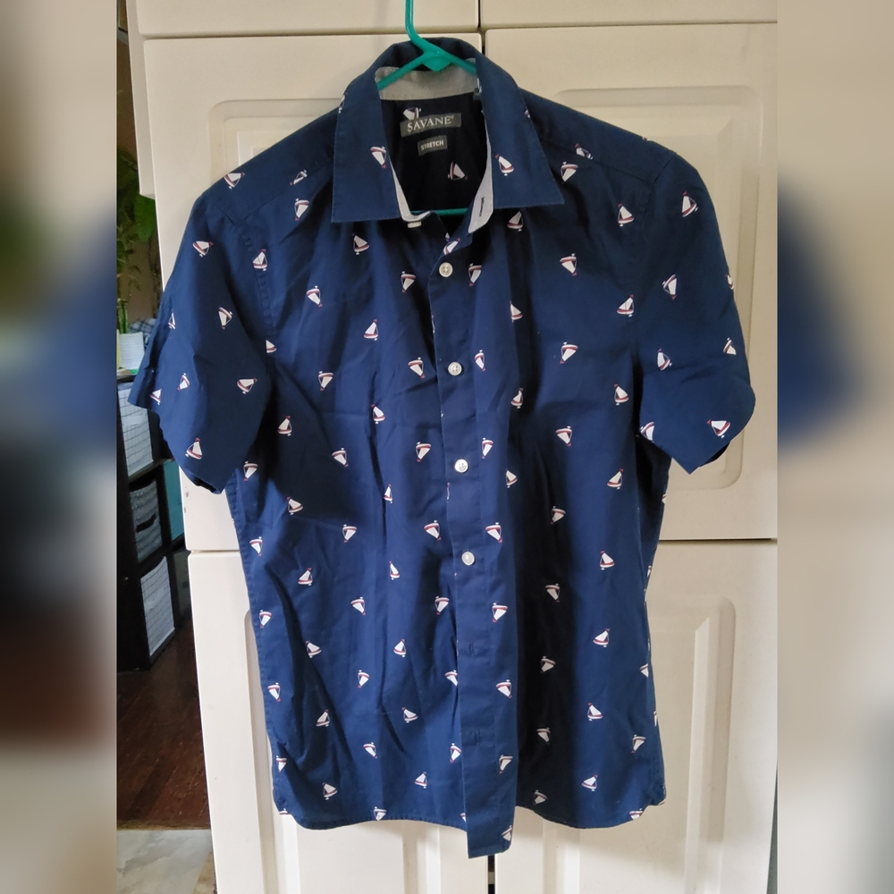 SAVANE Stretch  Blue Casual Button Down Shirt with Sail Boat Print